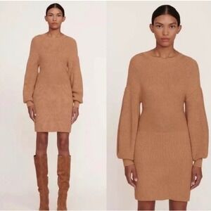 Staud Marylebone Sweater Dress‎ XS – Camel Knit Balloon Sleeve Ribbed Mini